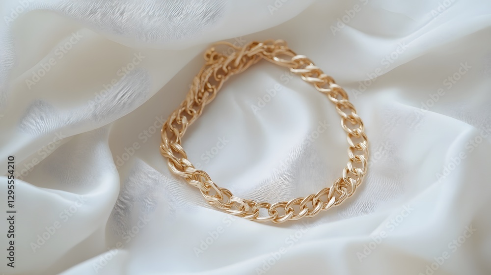Fototapeta premium A delicate bracelet made of intertwined gold chains, resting on a white fabric backdrop