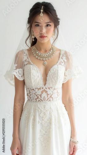 Beautiful women wearing traditional white bridal dress with jewelry, white background