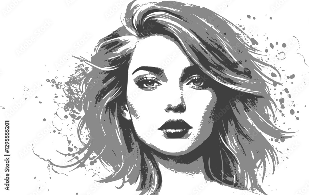 Glamorous grayscale portrait of a woman with a beautiful hairstyle. Beauty salon poster. Vector illustration isolated on white background. EPS 10 version. Glamorous grayscale portrait of a woman with a beautiful hairstyle. Beauty salon poster. Vector illustration isolated on white background. EPS 10 version.