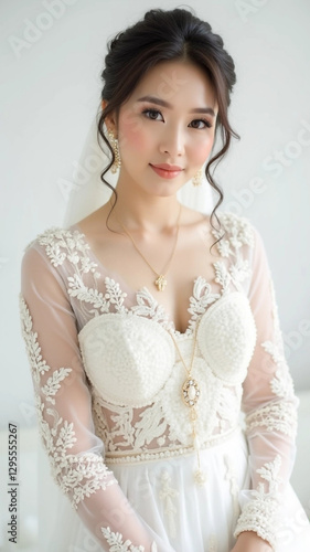 Beautiful women wearing traditional white bridal dress with jewelry, white background