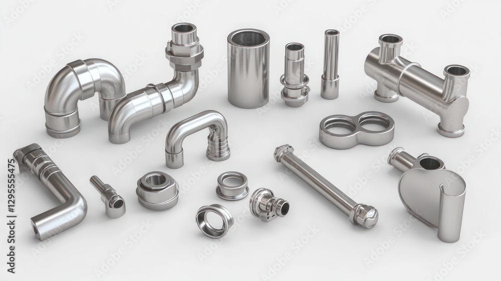 Variety of gleaming metal piping and connectors on white background Variety of gleaming metal piping and connectors on white background