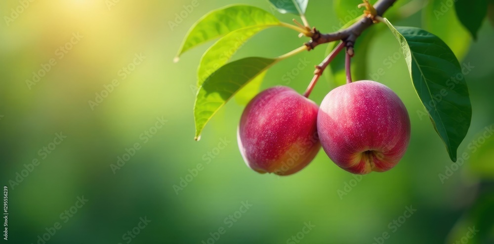 Pink peaches hanging from a branch with leaves, flower, blossoming, nature Pink peaches hanging from a branch with leaves, flower, blossoming, nature