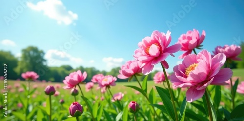 Fototapeta Naklejka Na Ścianę i Meble -  Pink peonies blooming in a lush green meadow under a bright blue sky, bloom, nature, flower fields