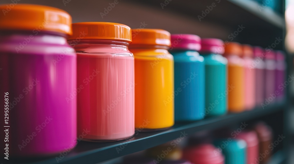 Row of colorful paint jars sitting on a dark shelf Row of colorful paint jars sitting on a dark shelf