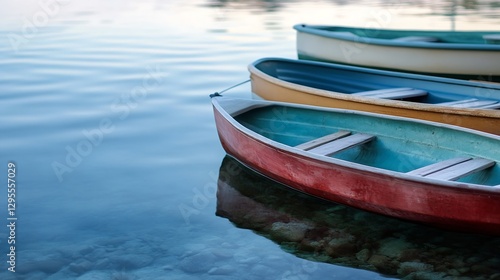 Wallpaper Mural Colorful Wooden Boats Tied on a Still Lake Surface Representing Calm Water and Leisure Activities : Generative AI Torontodigital.ca