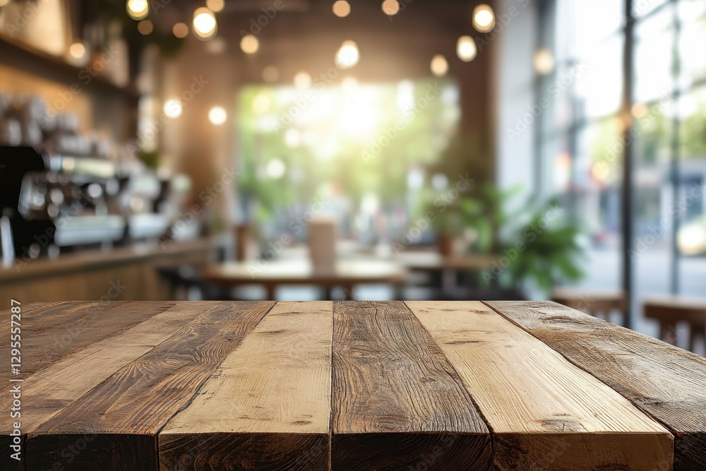 Rustic Wooden Tabletop in Cozy Coffee Shop with Blurred Background and Natural Light for Product Display Rustic Wooden Tabletop in Cozy Coffee Shop with Blurred Background and Natural Light for Product Display