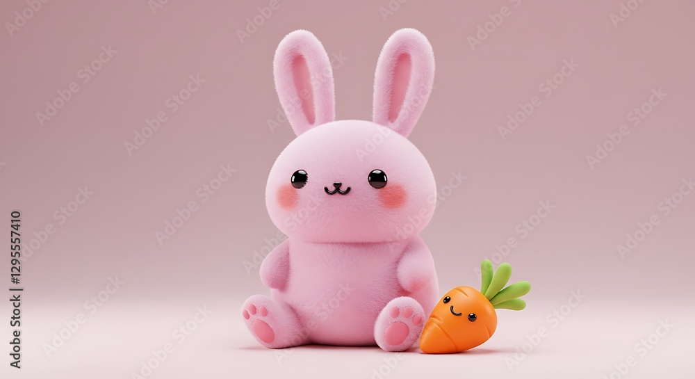 Adorable Pink Bunny with Carrot: A Sweet, 3D Rendered Illustration Adorable Pink Bunny with Carrot: A Sweet, 3D Rendered Illustration