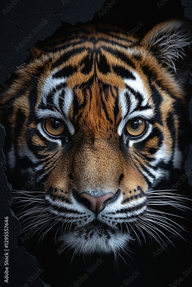 Fototapeta premium A close up of a tiger's face through a hole in a wall