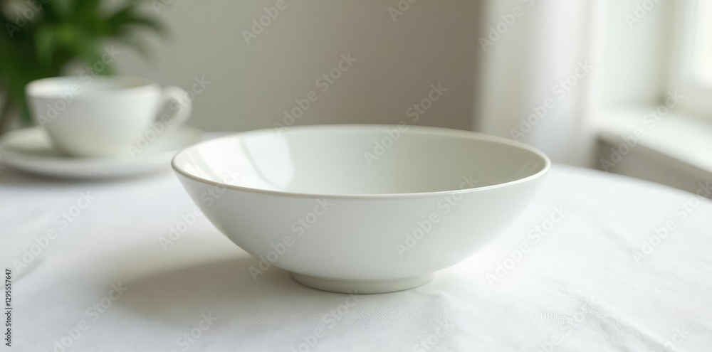 Simple white ceramic bowl on a pristine tablecloth, still life, ceramics Simple white ceramic bowl on a pristine tablecloth, still life, ceramics
