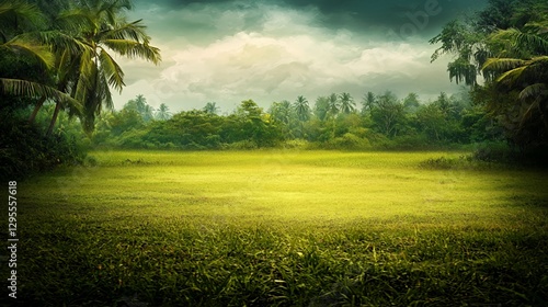 Lush Green Field Surrounded by Palm Trees Under a Dramatic Sky