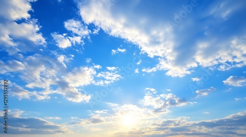 Vibrant blue sky filled with fluffy white clouds and sun rays during a beautiful day : Generative AI