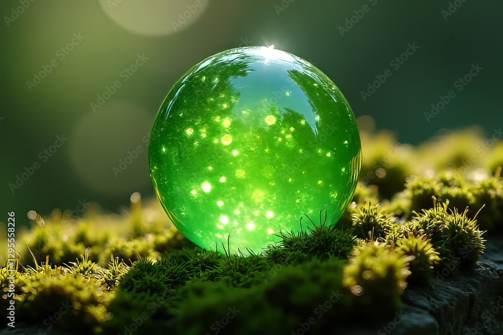 Sparkling Green Orb on Mossy Ground - Nature's Gem Sparkling Green Orb on Mossy Ground - Nature's Gem