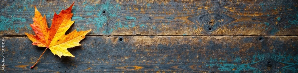 Weathered wooden plank background with a single fallen leaf, texture, wood, autumn Weathered wooden plank background with a single fallen leaf, texture, wood, autumn