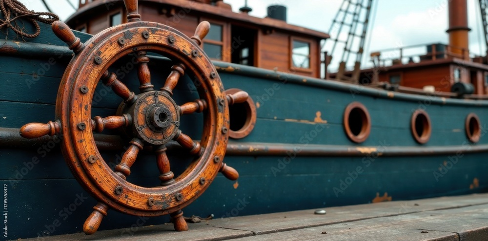 Fototapeta premium Weathered wooden ship wheel, ship, old, wheel