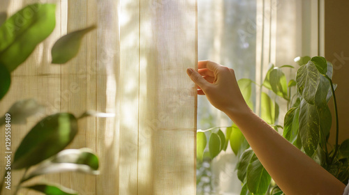Person adjusting vertical blinds for natural lighting photography close-up shot hand adjusting vertical blinds to let in natural sunlight, living room filled with plants and eco-friendly decor
