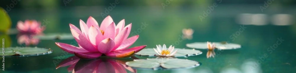 Whimsical water lily surrounded by delicate pink and white flowers floating on a serene lake , flowers, water lilies, lake Whimsical water lily surrounded by delicate pink and white flowers floating on a serene lake , flowers, water lilies, lake