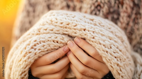 Cozy hands holding a soft knitted scarf in a warm autumn setting : Generative AI photo