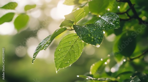 Close up of fresh green leaves with raindrops illuminated by soft sunlight in a natural setting : Generative AI