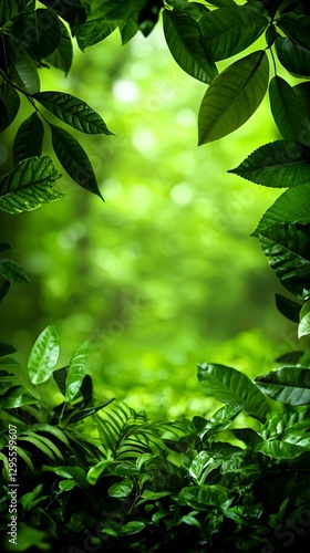 Lush Green Forest Background with Vibrant Leaves and Soft Bokeh