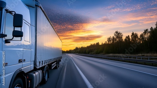 Heavy freight truck parked beside a highway at sunset with vibrant colors in the sky : Generative AI photo