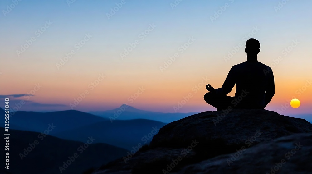 Meditative Silhouette of a Person at Sunset Overlooking Serene Mountains : Generative AI Meditative Silhouette of a Person at Sunset Overlooking Serene Mountains : Generative AI