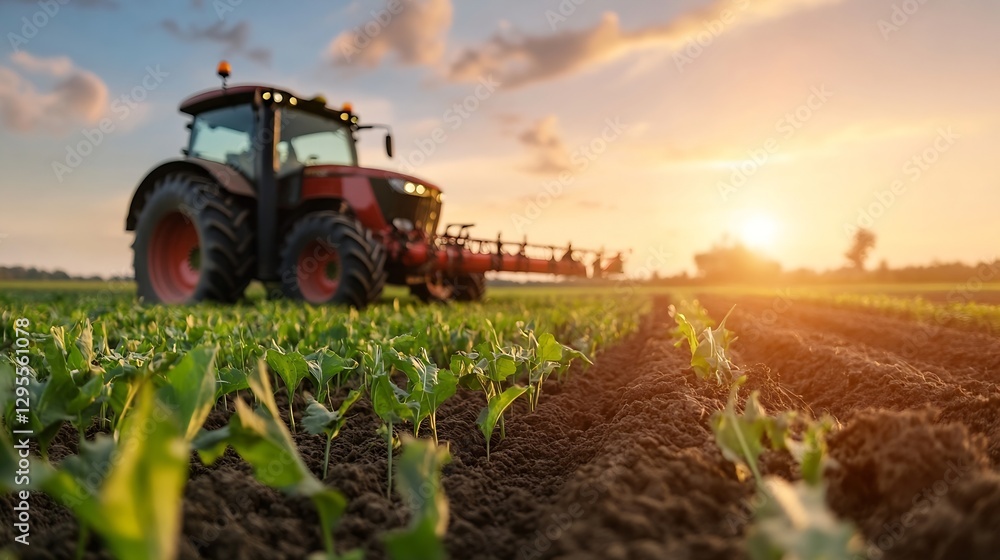 Tractor Working on Farm Fields During Sunset with Beautiful Sky and Crops : Generative AI Tractor Working on Farm Fields During Sunset with Beautiful Sky and Crops : Generative AI