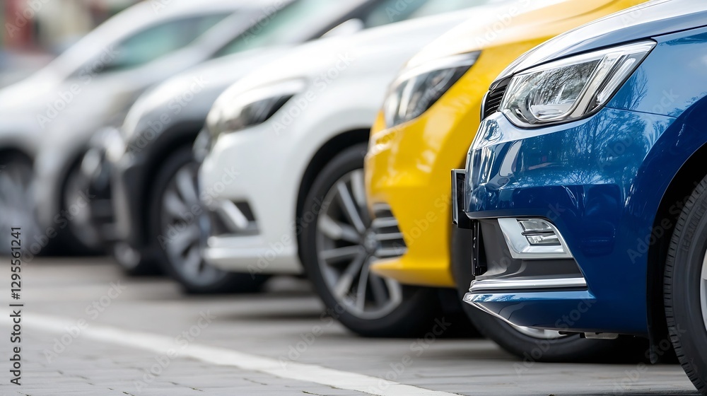 Diverse Range of Stylish Modern Cars Parked in a Row on City Street with Focus on Blue Car : Generative AI Diverse Range of Stylish Modern Cars Parked in a Row on City Street with Focus on Blue Car : Generative AI
