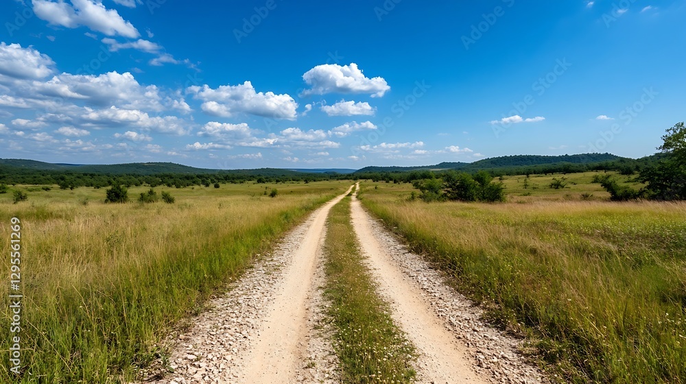 Picturesque rural landscape with a winding dirt road under a bright blue sky : Generative AI Picturesque rural landscape with a winding dirt road under a bright blue sky : Generative AI