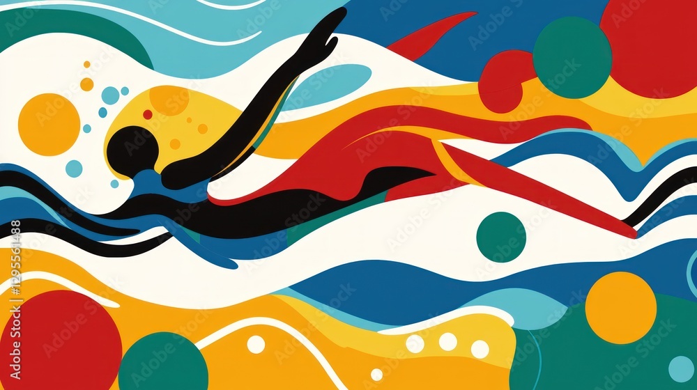 Naklejka premium Abstract figure swimming through colorful water with circles and waves