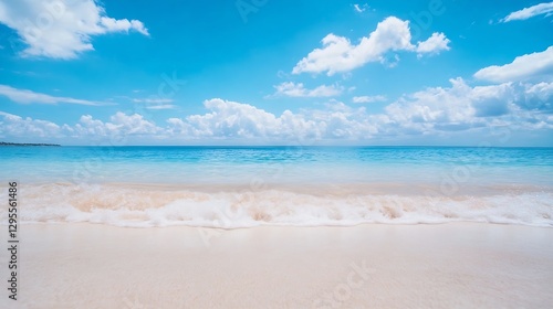 Wallpaper Mural Idyllic Beach with Gentle Waves and Crystal Clear Water Under a Bright Blue Sky with Fluffy Clouds : Generative AI Torontodigital.ca