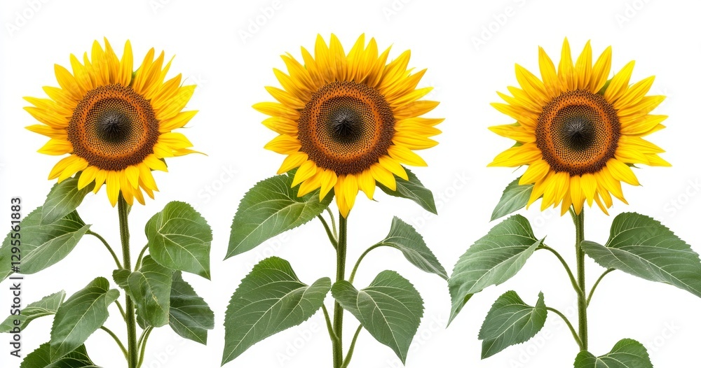 Three sunflowers in a row against a white background Three sunflowers in a row against a white background