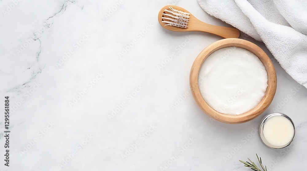 Natural skincare products arranged on a marble surface featuring yogurt and organic ingredients in wooden bowls : Generative AI Natural skincare products arranged on a marble surface featuring yogurt and organic ingredients in wooden bowls : Generative AI