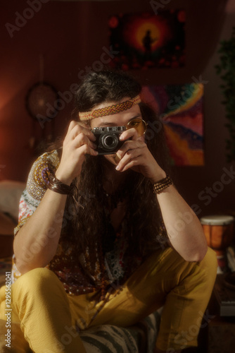 Person sitting on a couch holding camera while surrounded by eclectic decor with warm lighting. Showcasing free-spirited lifestyle in an inviting, artistic environment photo