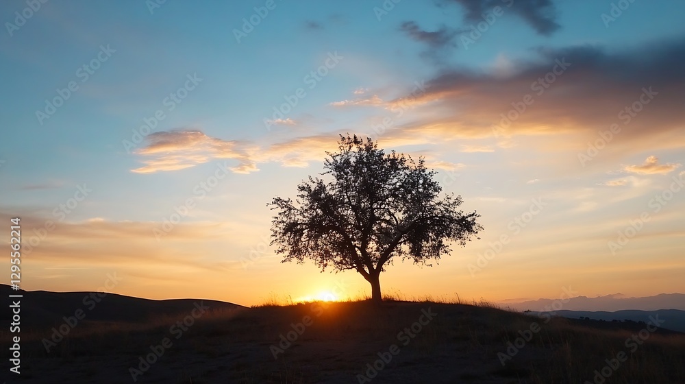 Silhouette of an Olive Tree Against Sunset in a Scenic Landscape : Generative AI Silhouette of an Olive Tree Against Sunset in a Scenic Landscape : Generative AI