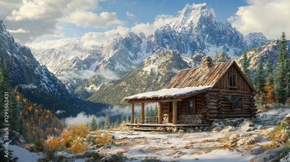 Fototapeta premium Cozy wooden cabin sits nestled amidst snowy mountain scenery