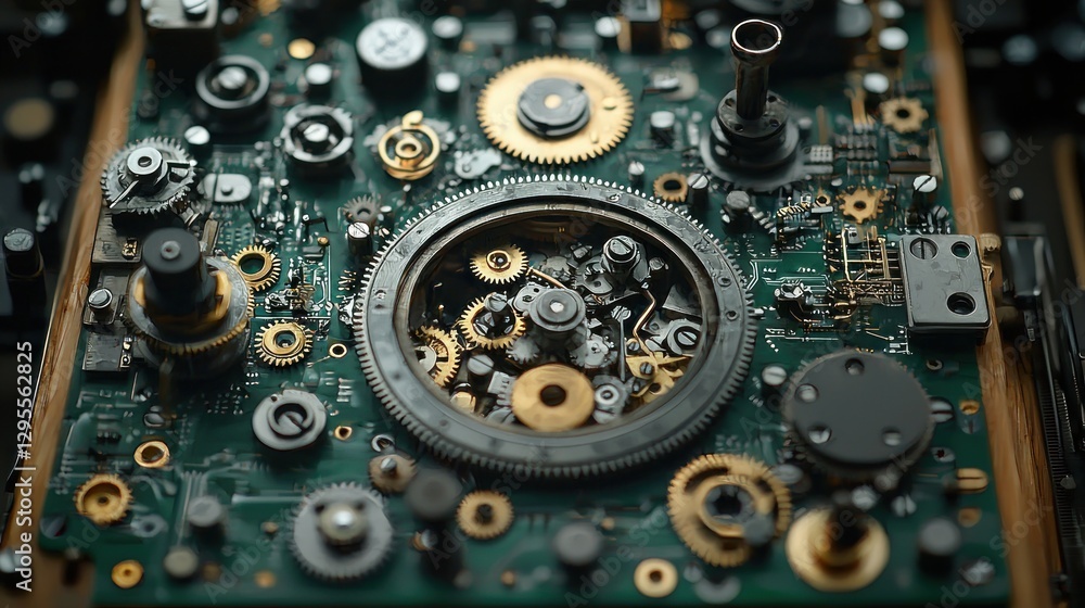 Intricate clockwork mechanism, gears, and circuit board Intricate clockwork mechanism, gears, and circuit board