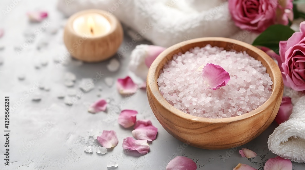 Spa Setting with Pink Rose Petals and Relaxing Salt in a Wooden Bowl : Generative AI Spa Setting with Pink Rose Petals and Relaxing Salt in a Wooden Bowl : Generative AI