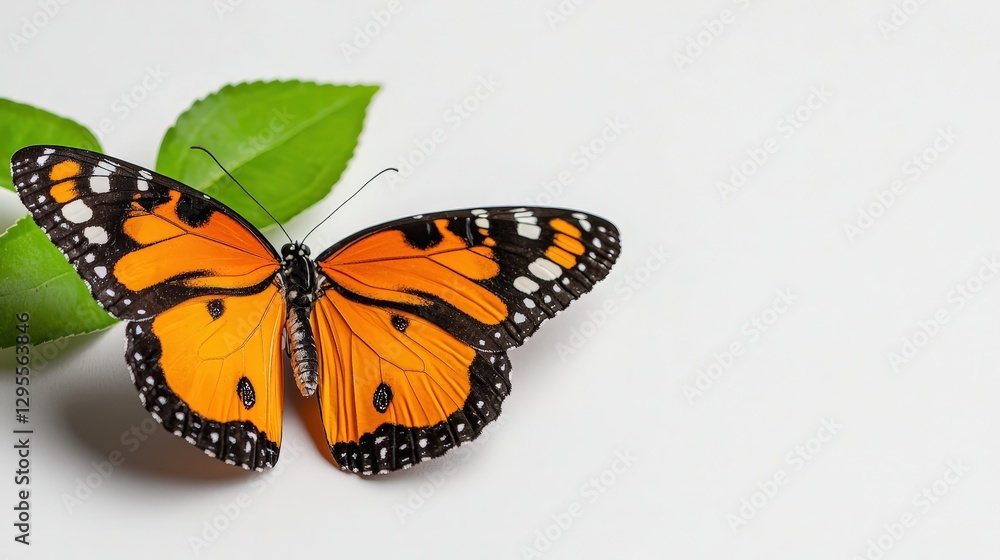 Fototapeta premium An orange butterfly resting next to some green leafy foliage on white