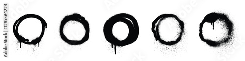 Spray paint circle collection with different graffiti effect styles. Black stencil rings with dripping and splattered, rough, solid and faded edge texture. Street art elements for urban designs.