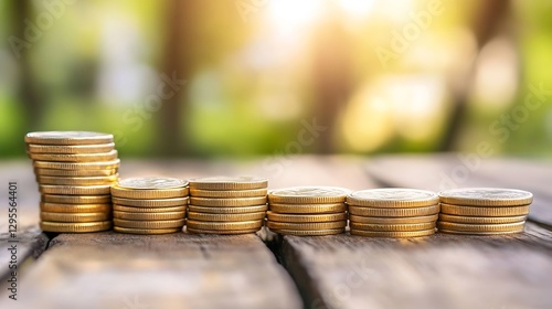 Stunning Rows of Gold Coins Stacked on Wooden Table Surrounded by Blur and Light : Generative AI photo