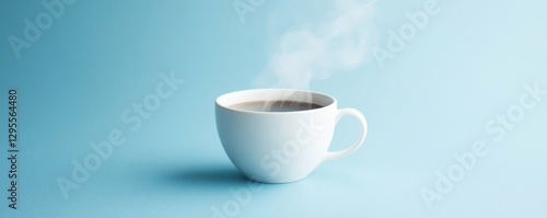Steaming hot coffee cup on a soft blue background beverage photography minimalist style indoor setting close-up perspective comfort and relaxation concept