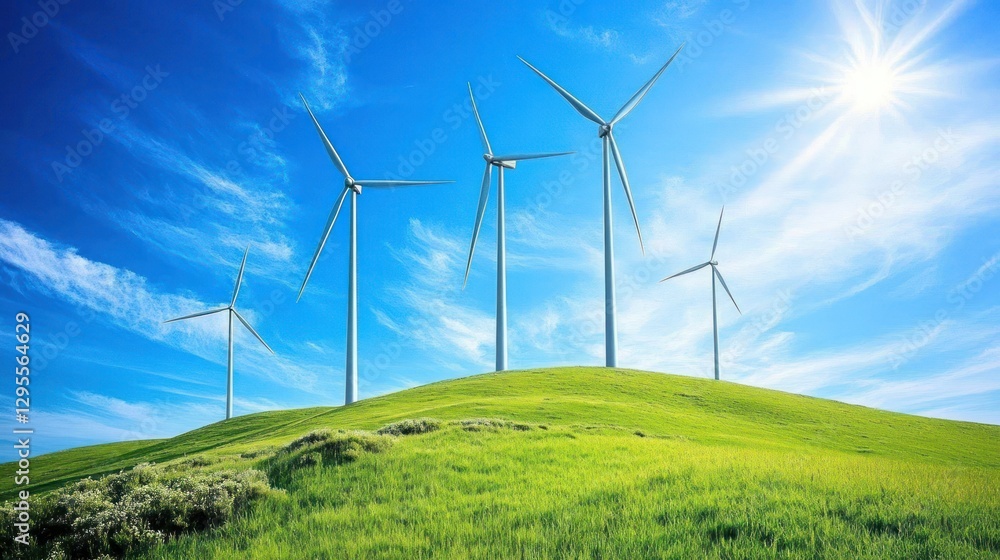 Wind turbines on a verdant hillside under a bright sunny sky Wind turbines on a verdant hillside under a bright sunny sky