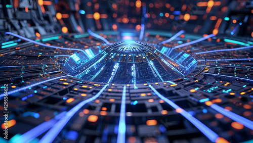 Wallpaper Mural High-Tech Digital Network Visualization Featuring Glowing Particles and 3D Circuit Elements Torontodigital.ca