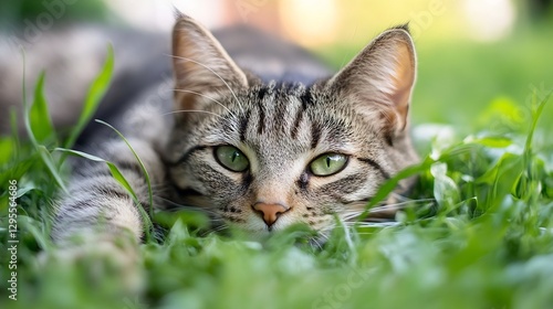 Wallpaper Mural A Cute Tabby Cat Relaxing in a Lush Green Lawn with Bright Eyes and Relaxed Attitude : Generative AI Torontodigital.ca