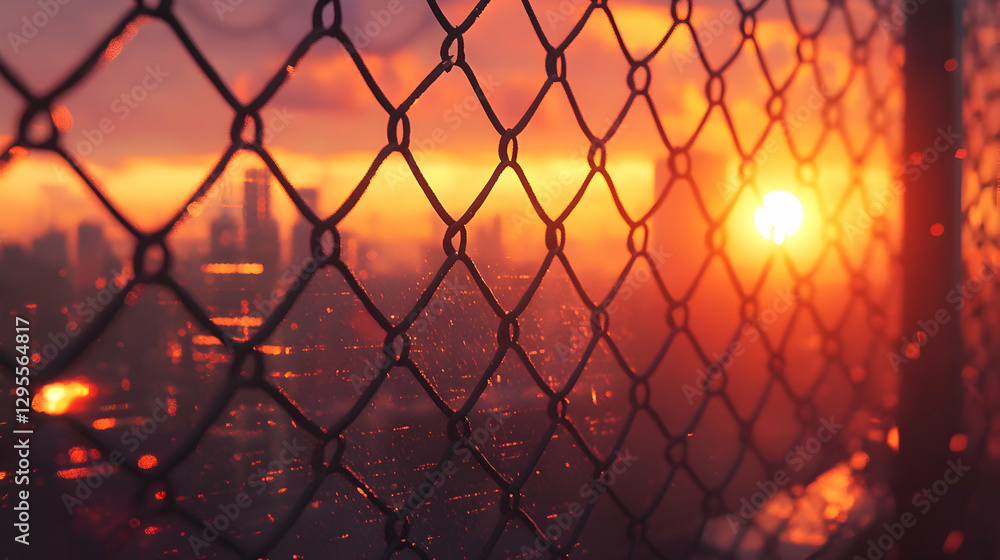 Sunset cityscape through chain-link fence with vibrant orange sky Sunset cityscape through chain-link fence with vibrant orange sky