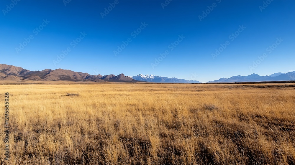Wide panoramic view of golden grass fields stretching towards majestic mountains under a deep blue sky : Generative AI Wide panoramic view of golden grass fields stretching towards majestic mountains under a deep blue sky : Generative AI