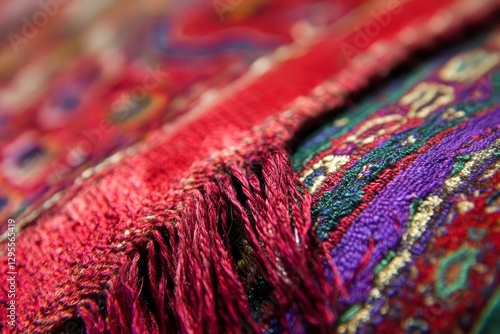 Vibrant Red Textile Close-Up with Intricate Patterns and Fringes