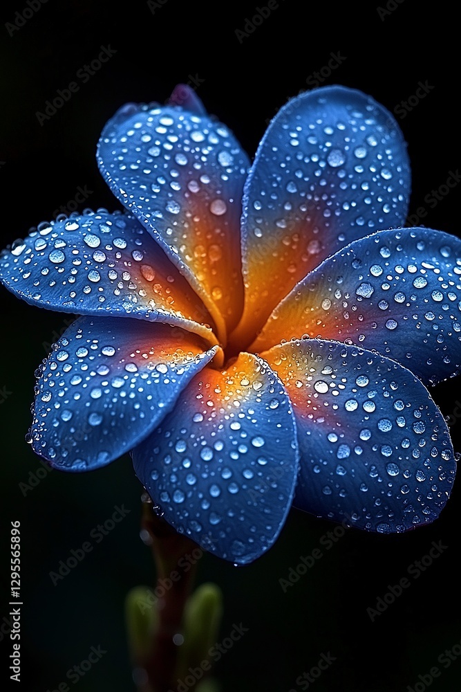 A blue and orange flower with water droplets on it A blue and orange flower with water droplets on it