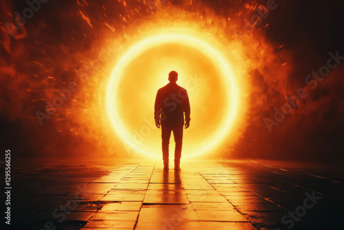 Man stands in front of glowing portal and is about to enter the unknown photo