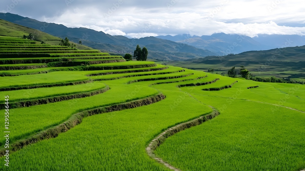 Obraz premium Lush green terraced rice fields stretching across rolling hills under a cloudy sky : Generative AI